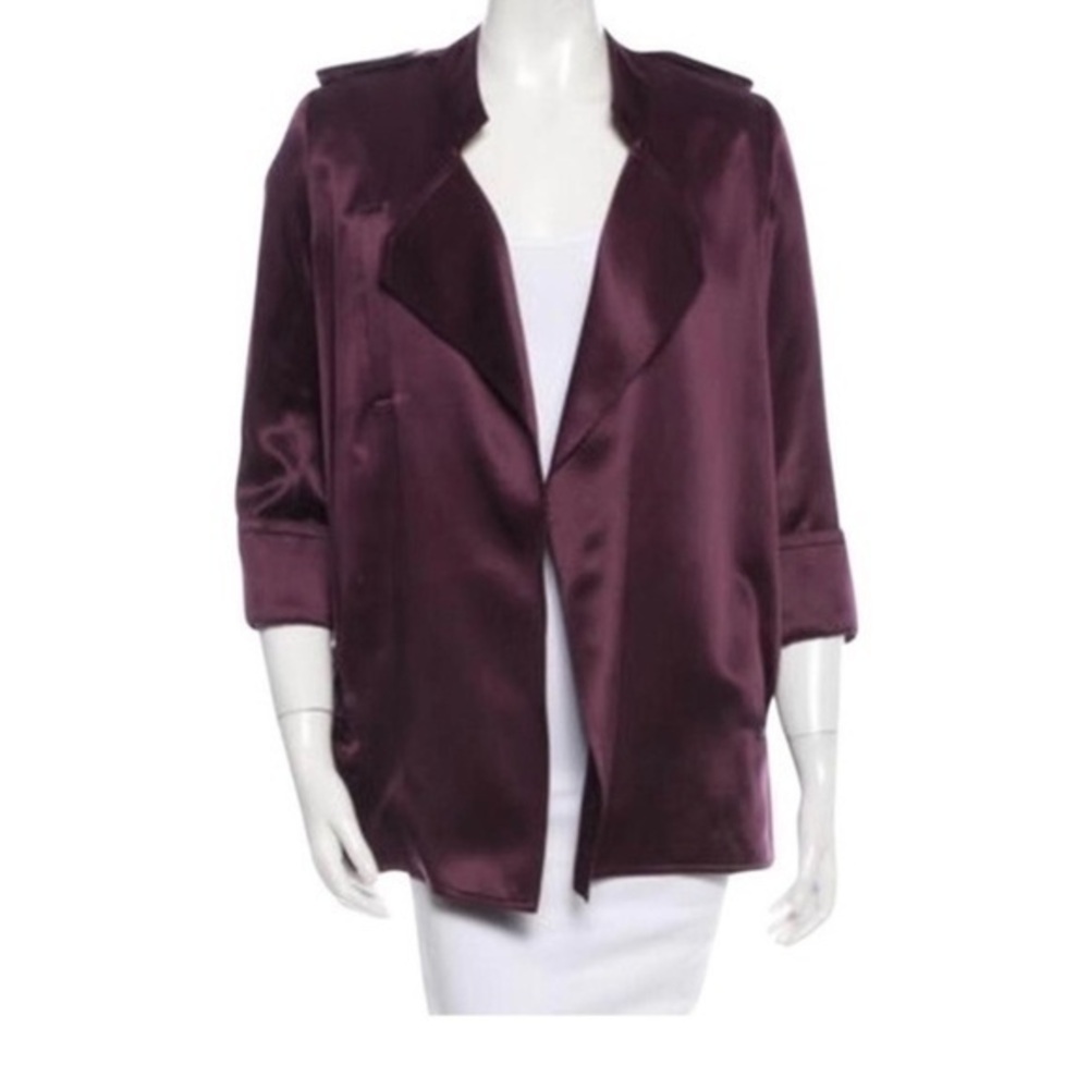 DVF Silk Charmeuse Draped Open Jacket Blazer 4 Burgundy Plum Satin Evening Luxe
